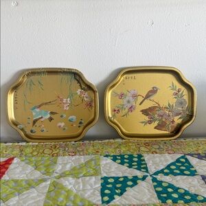 Vintage Floral and Bird Gold Decorative Trays, Elite Trays Made In England 7”x6”